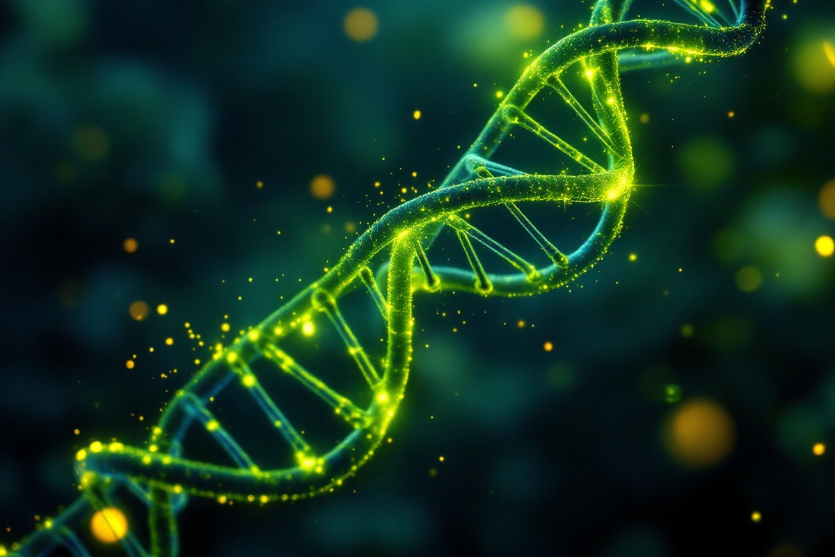 DNA double helix being read and copied by polymerase machinery